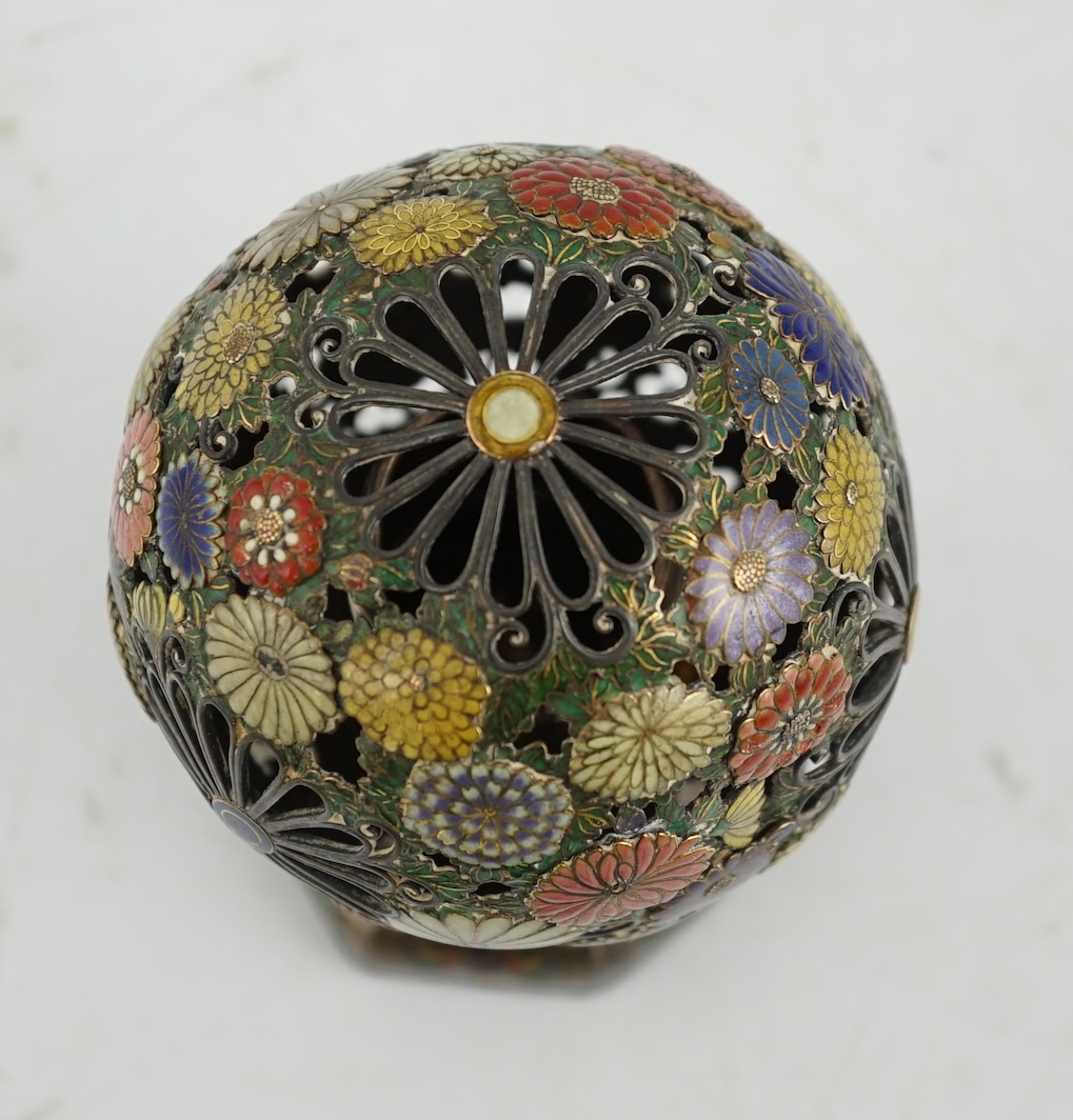 A Japanese silver and enamel globe-shaped koro and cover, Meiji period, some damage
